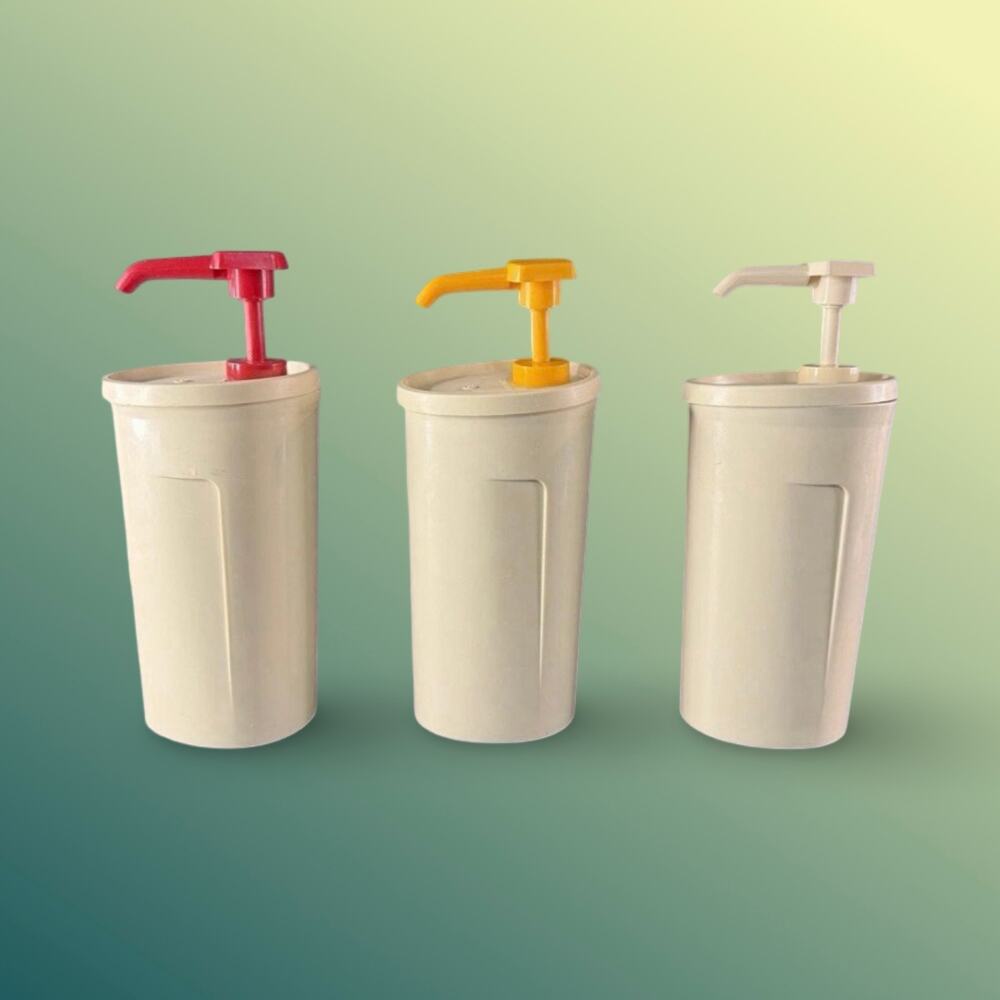 Tupperware Condiment Set 1970s Ketchup Mustard Mayo Pump Dispensers Vintage